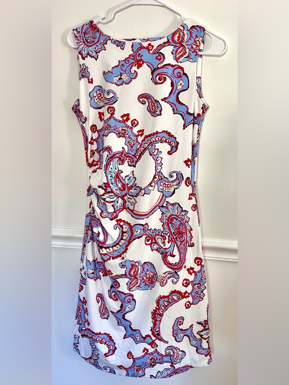 J. McLaughlin Small Paisley Sleeveless Shift Dress Ruched Red Blue White